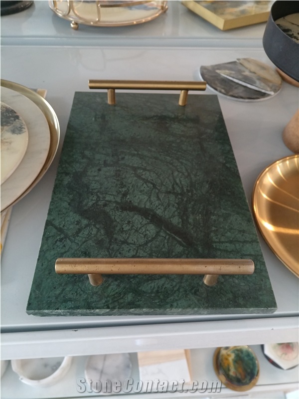 Verde Green Marble Food Plate Board With Two Iron Handles