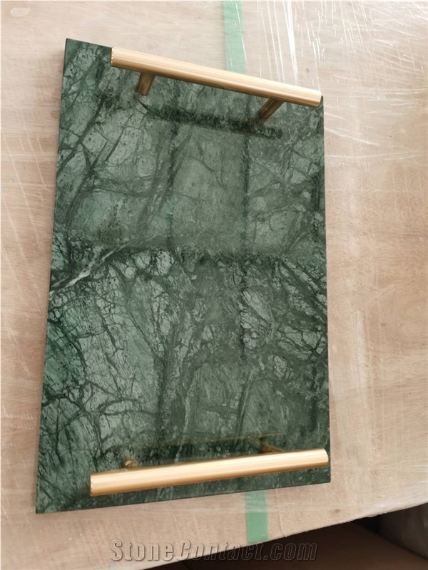 Verde Green Marble Food Plate Board With Two Iron Handles