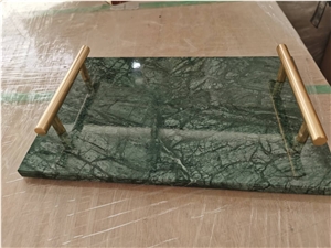 Verde Green Marble Food Plate Board With Two Iron Handles