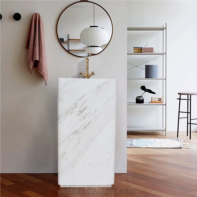 Volakas White Marble Standing Pedestal Wash Sink Basin