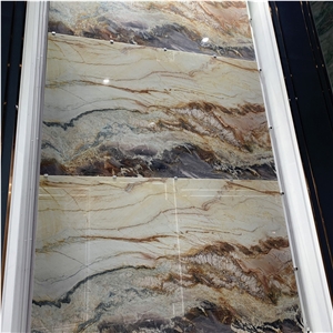 Exotic Stone Rainbow Impression Marble Slab Bookmatched Wall