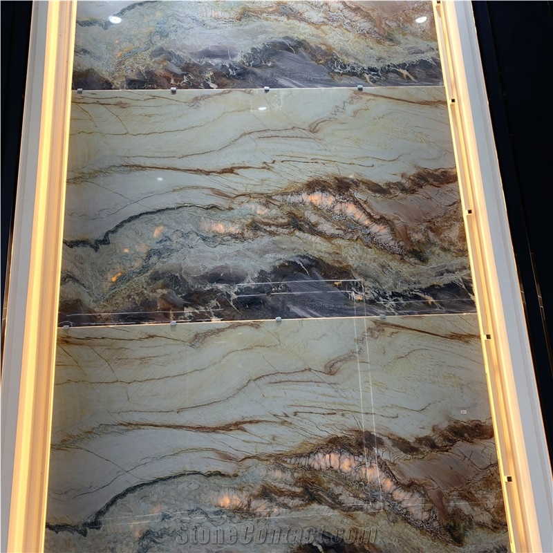 Exotic Stone Rainbow Impression Marble Slab Bookmatched Wall