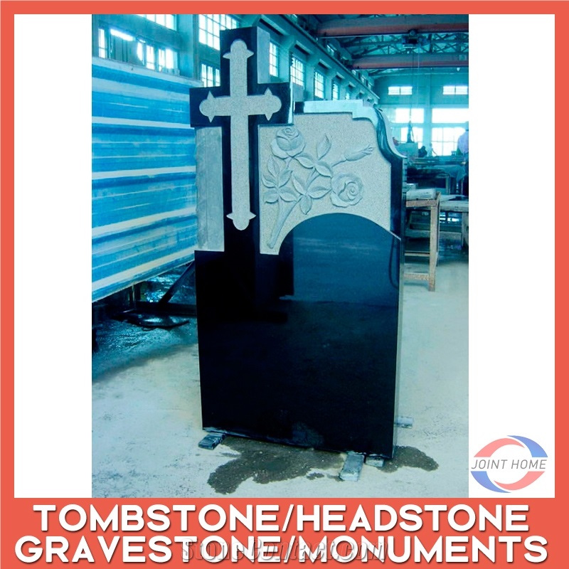 Absolute Black Hand Carving Polished Granite Cross Tombstone