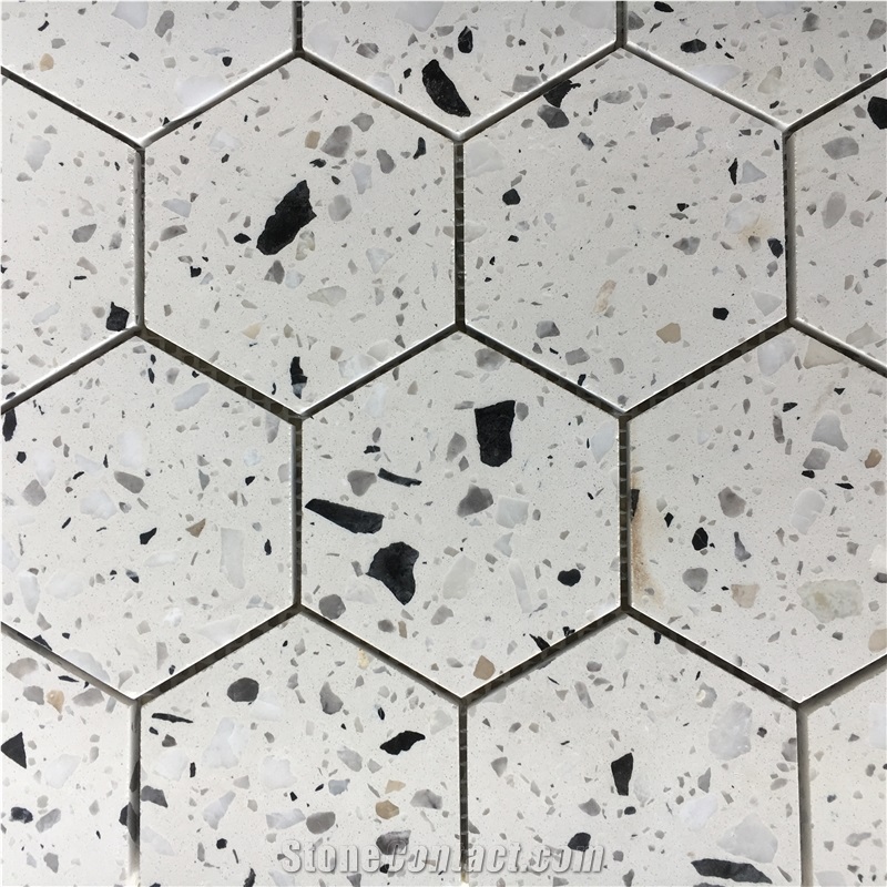 3" Hexagon Kitchen Backsplash Mosaic Silver Terrazzo Tile 