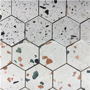 3" Hexagon Kitchen Backsplash Mosaic Silver Terrazzo Tile 