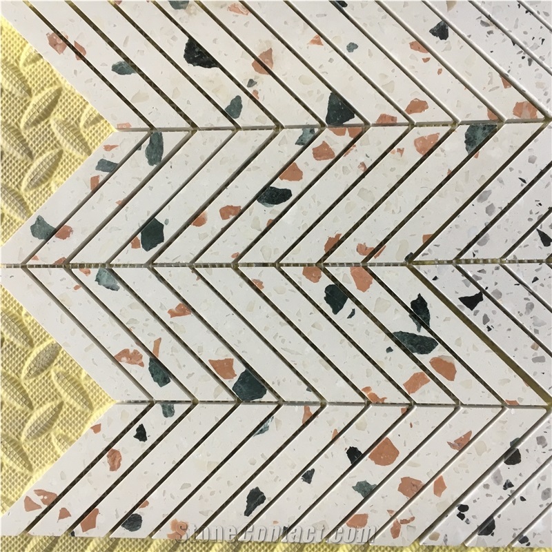 Black Terrazzo Chevron Bathroom Floor Mosaic Tile Pattern 