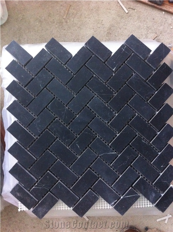 Black Marquina Chevron Floor Mosaic Design Marble Backsplash