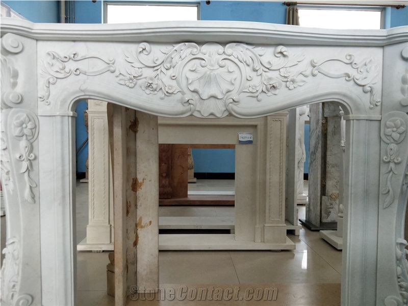 Carved Travertine Indoor Fireplace Sculptured Modern Mantel