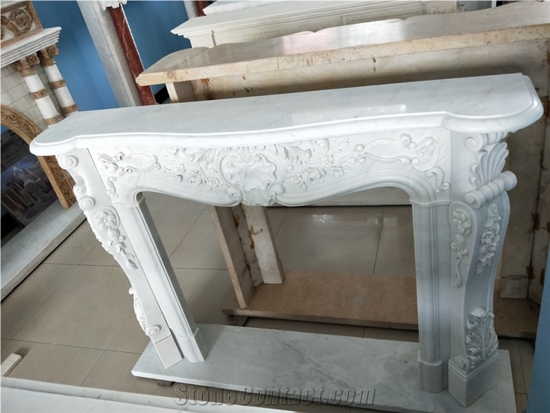Carved Travertine Indoor Fireplace Sculptured Modern Mantel