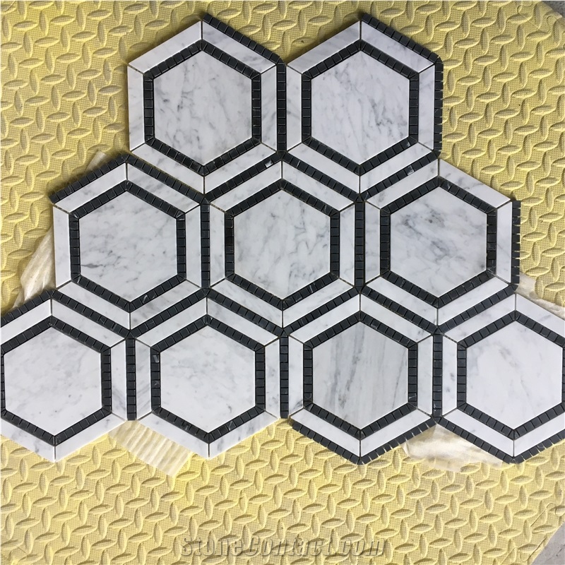 Chipped Marble Waterjet Mosaic Pattern Nero Marquina Hexagon