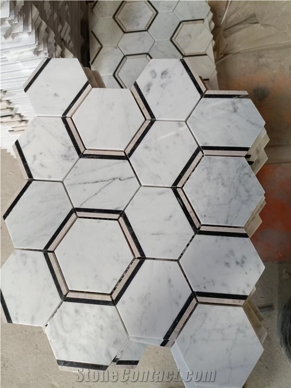 Marble Mosaic Floor Design Calacatta Oro Basket Weave Mosaic