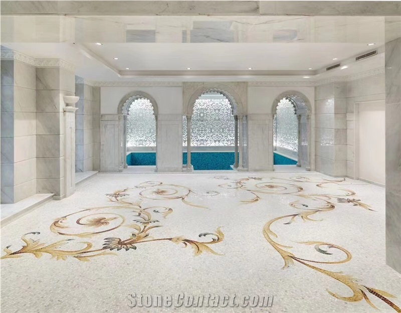 Marble Mosaic Floor Pattern Medallion Calacatta Oro Rosettes