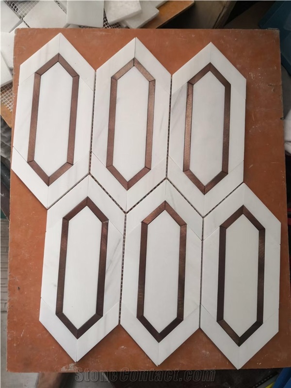 Marquina Waterjet Mosaic Design Brass Chevron Pattern Tile  