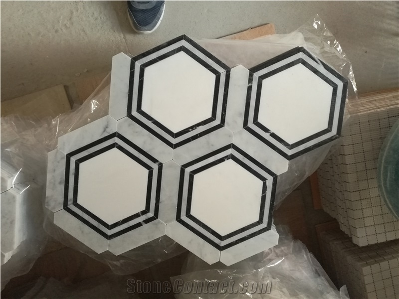 Thassos Hexagon Mosaic Design Carrara Chevron Floor Tile