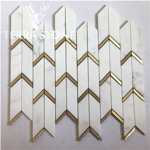 Brass Herringbone Pattern Waterjet Tile Marble Mosaic 