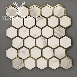 White Marble Hexagon Mosaic With Stainless Steel Waterjet White Marble Hexagon Mosaic With Stainless Steel Waterjet