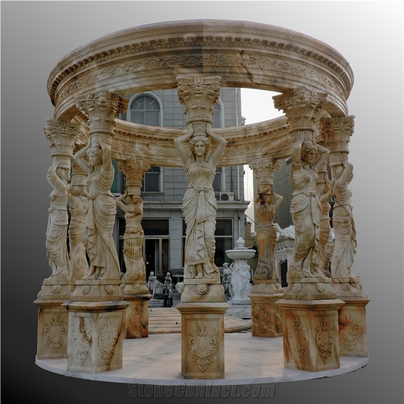 Evening Cloud Red Marble Gazebo With Fairies Statue Columns