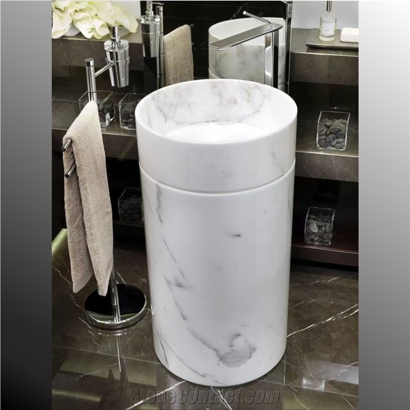Round Column Base Wash Basin In Carrara Marble