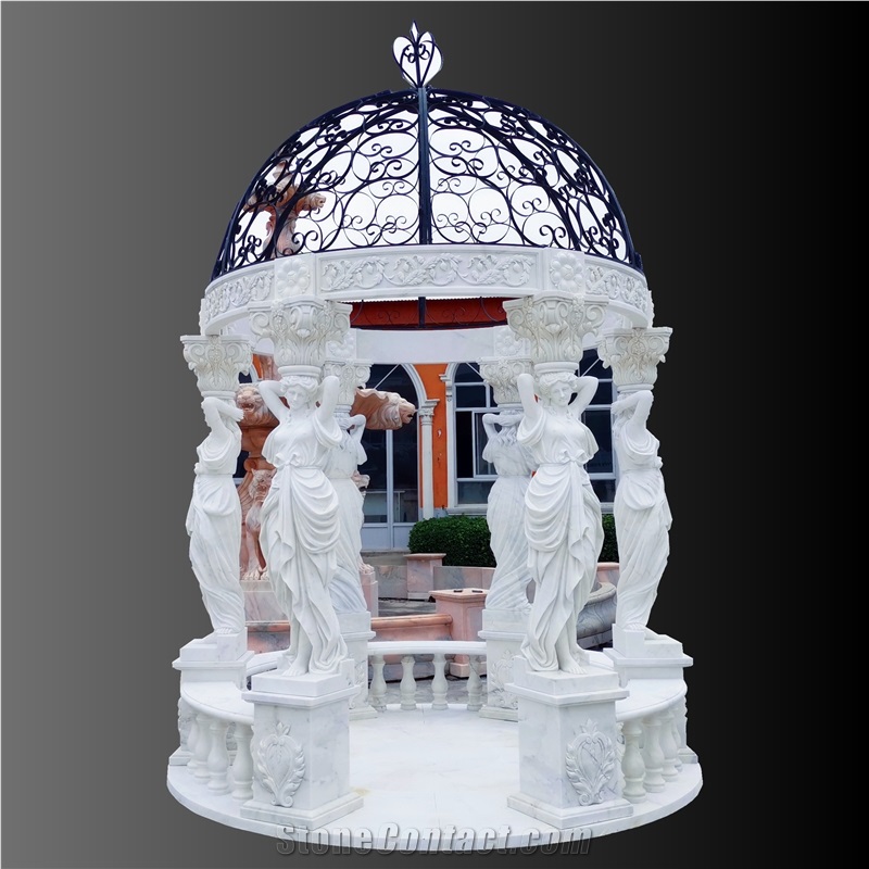 White Marble Fairies Carving Statue Column Gazebo, White
