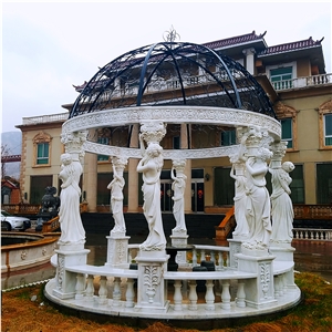 White Marble Statue Column Gazebo With Iron Dome White Marble Statue Column Gazebo With Iron Dome