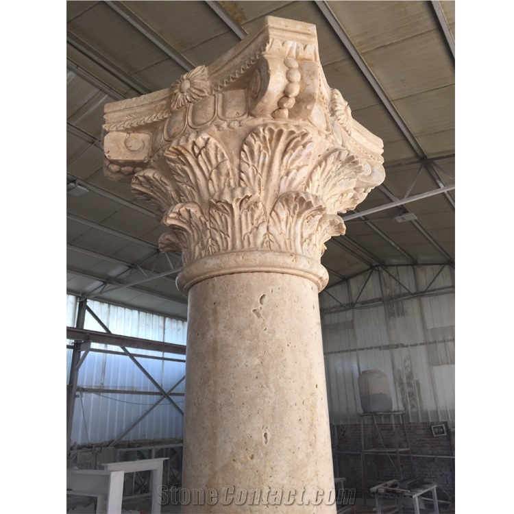 Outdoor Natural Beige Travertine Stone Carved Column
