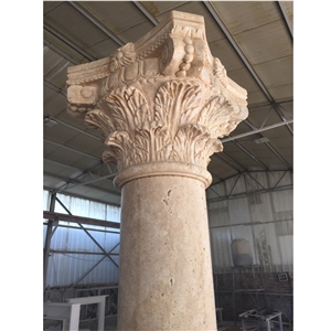 Outdoor Natural Beige Travertine Stone Carved Column