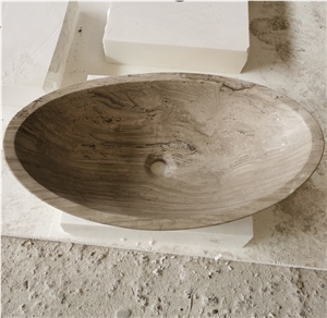 Grey Wooden Grain Marble Oval Sink Basin