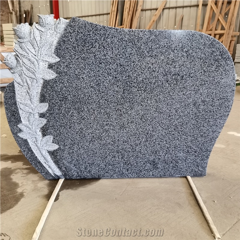 China New G654 Impala Black Granite Headstones With Flower