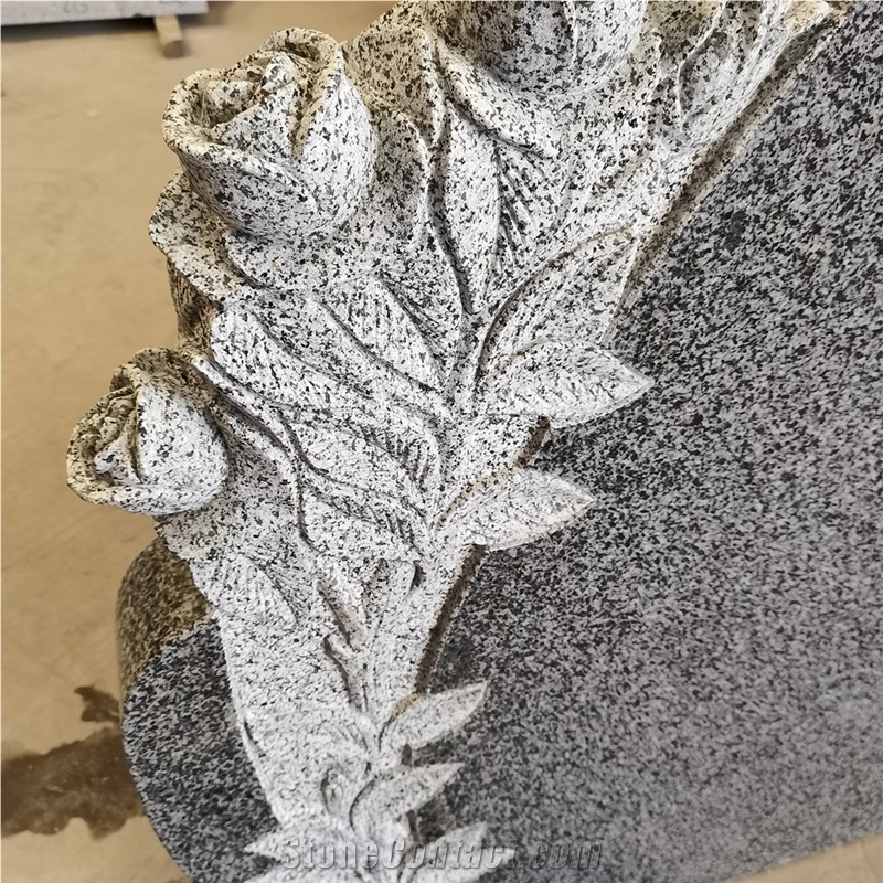China New G654 Impala Black Granite Headstones With Flower