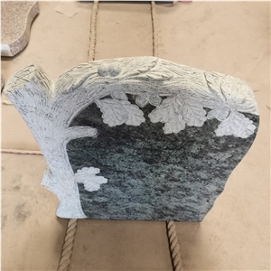 Polished Olive Green Granite Headstone With Tree Carving