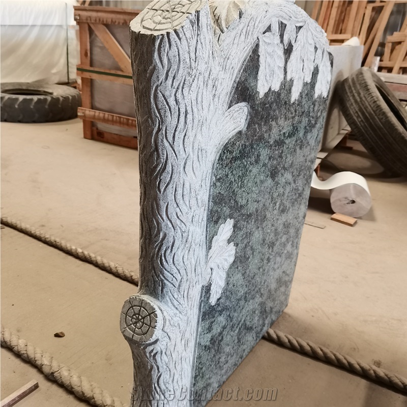 Polished Olive Green Granite Headstone With Tree Carving