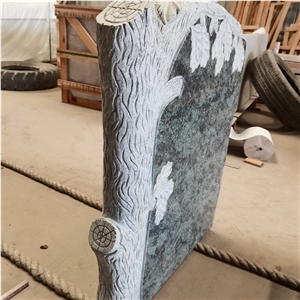 Polished Olive Green Granite Headstone With Tree Carving