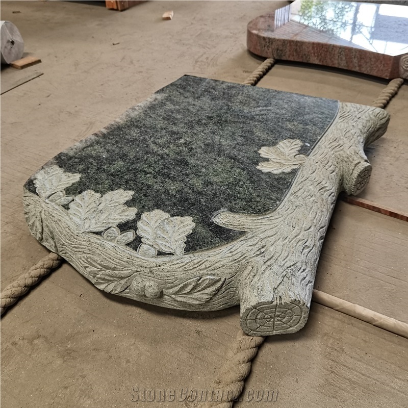 Polished Olive Green Granite Headstone With Tree Carving