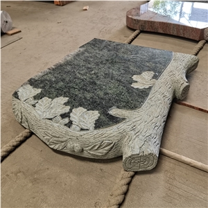 Polished Olive Green Granite Headstone With Tree Carving