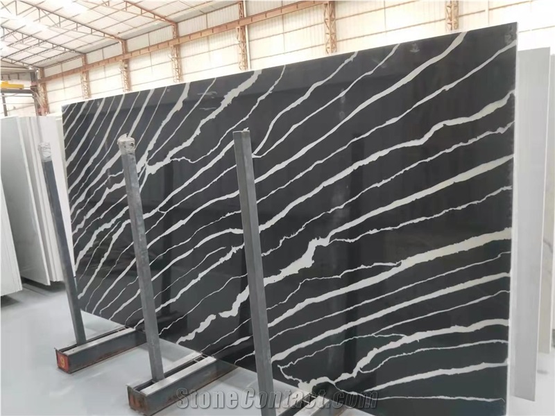 Black Quartz Slabs With White Lines For Home Decor