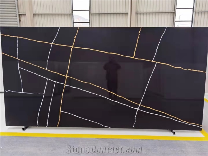 Black Quartz Slabs With White Lines For Home Decor