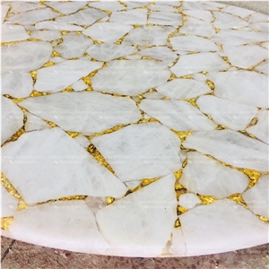 Agate White Semiprecious Stone With Golden Leafs