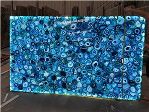 Backlit Blue Semiprecious Agate For Villa Wall Panel Slab