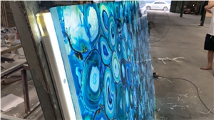 Backlit Blue Semiprecious Agate For Villa Wall Panel Slab