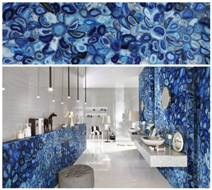 Semiprecious Blue Agate For Bathroom Vanity Wall Decoration