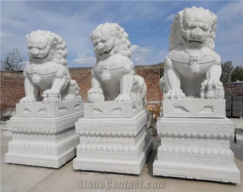 White Marble Fu Dog Sculpture Chinese Foo Dog Statue