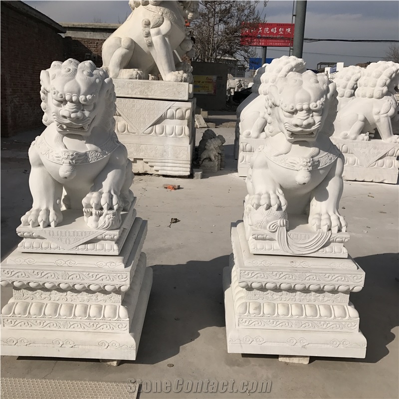 White Marble Fu Dog Sculpture Chinese Foo Dog Statue