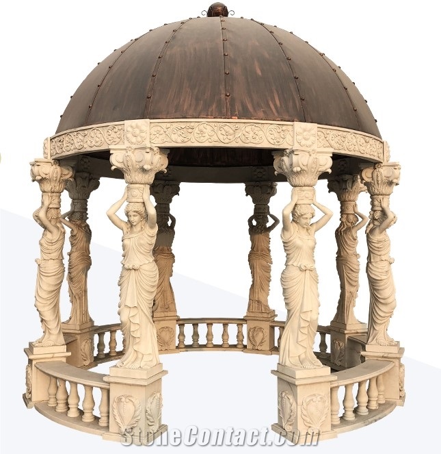 White Marble Gazebo With Iron Roof Used For Garden