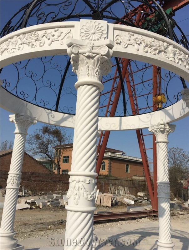 White Marble Gazebo With Iron Roof Used For Garden