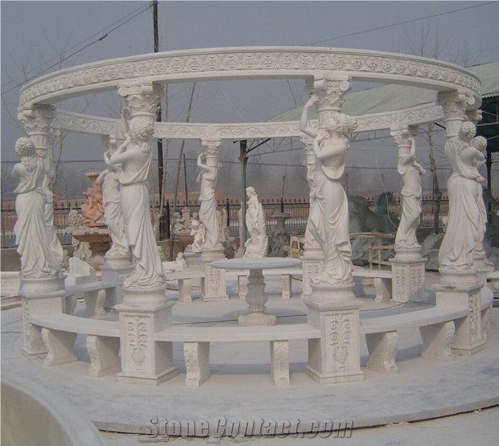 White Marble Gazebo With Iron Roof Used For Garden