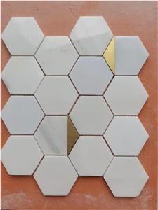 Calacatta Pure White Hexgon With Golden Pattern Floor Mosaic Calacatta Pure White Hexgon With Golden Pattern Floor Mosaic