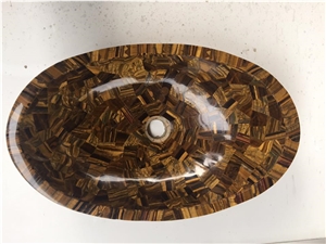 Retro Luxury Yellow Tiger Eye Stone Oval Wash Basin 