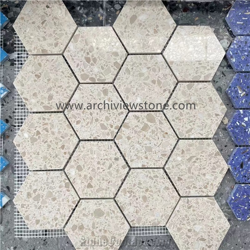 Hexagon Mosaic Cheap Cement White Terrazzo Mosaic Tiles