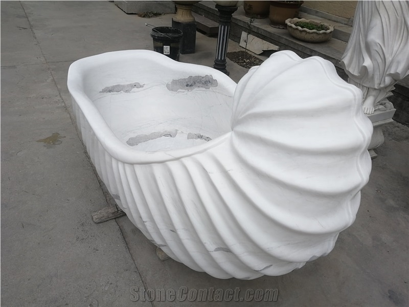 Custom Made Natural Stone Shell Stone Bathtub White Marble