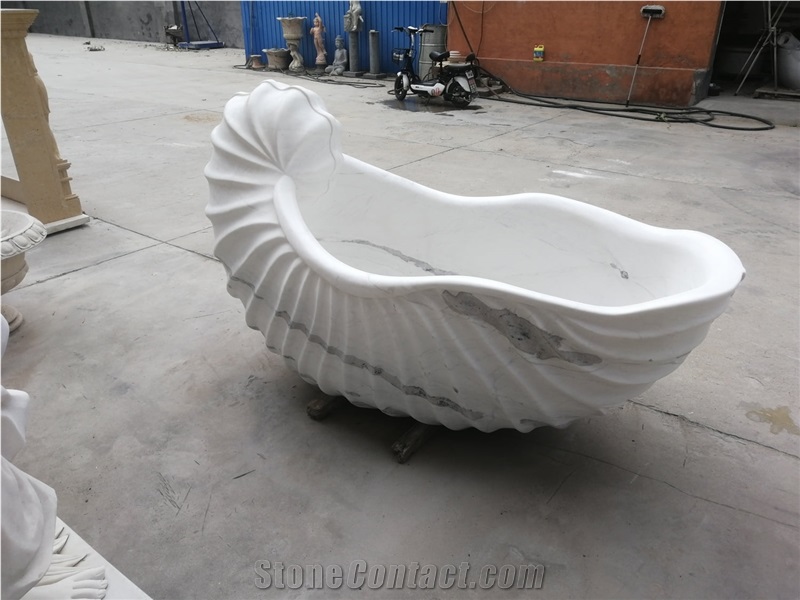 Custom Made Natural Stone Shell Stone Bathtub White Marble